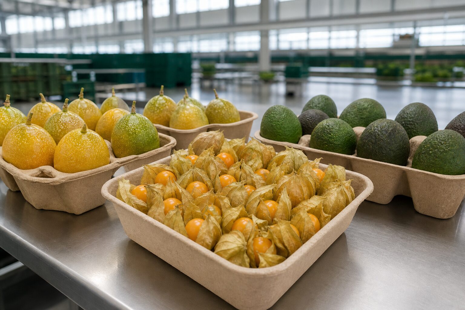 Empaques de fibra moldeada con fruta fresca de exportación en una planta agroindustrial colombiana