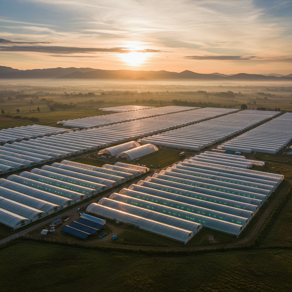Vista aérea de invernaderos de alta tecnología en la Sabana de Bogotá