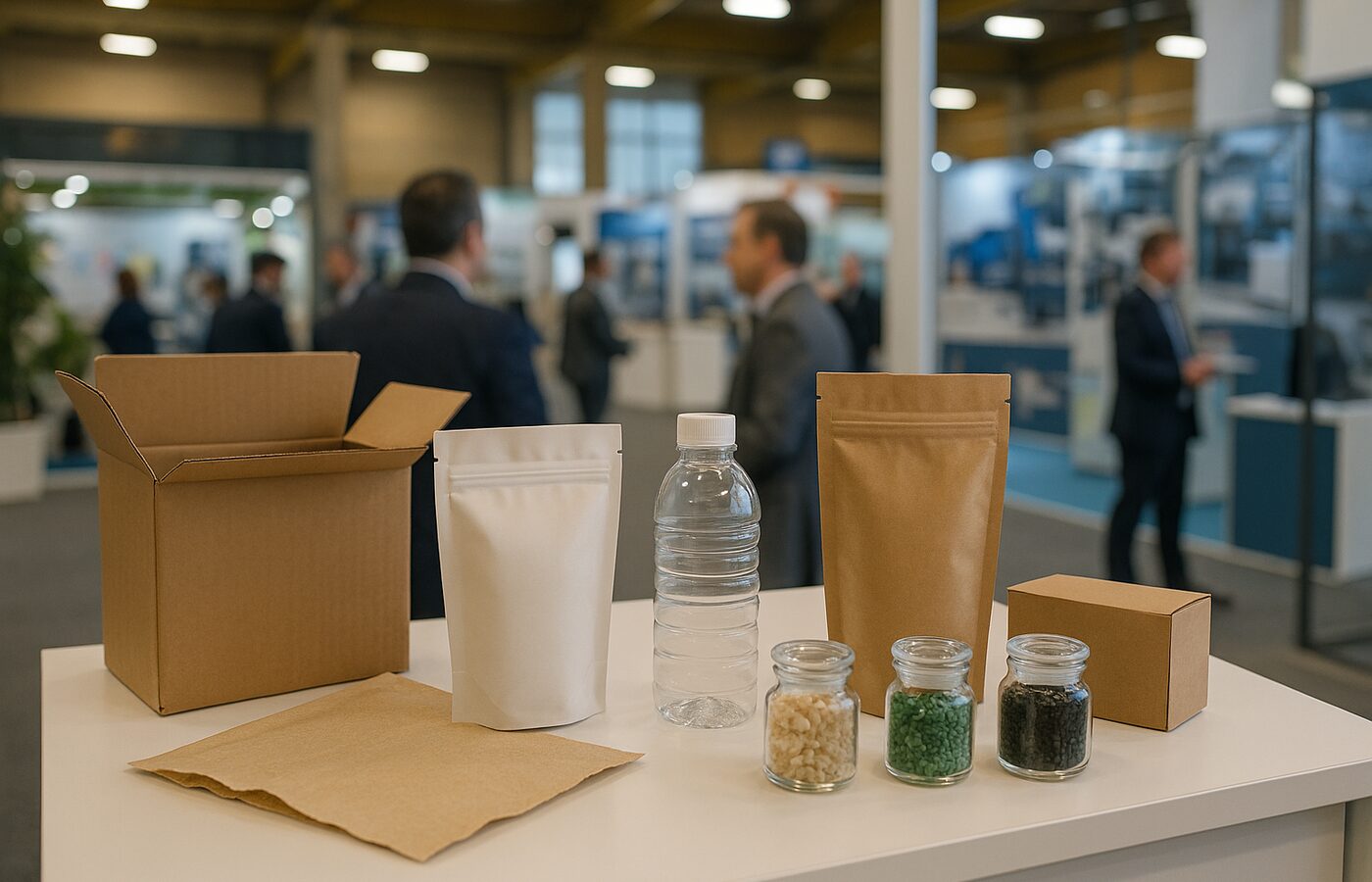 Exhibitor booth with packaging samples and materials