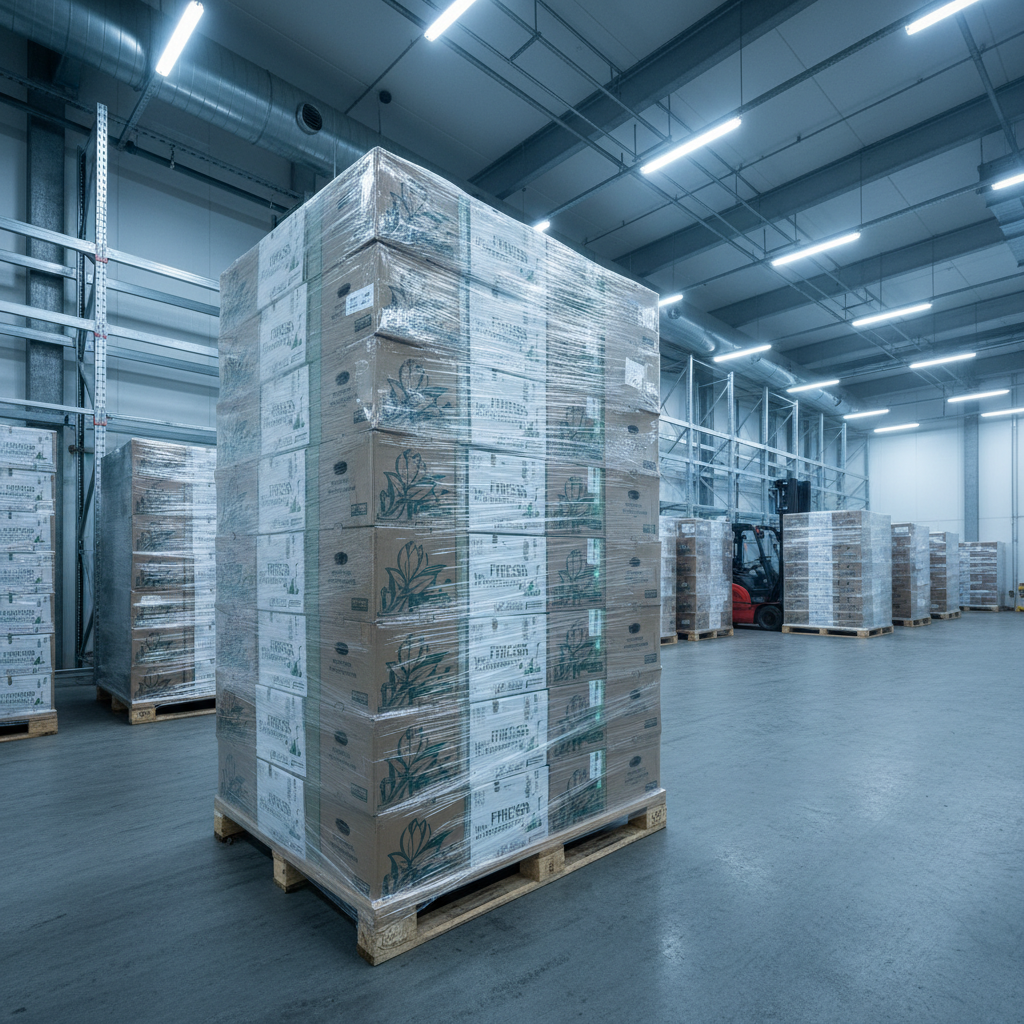 Pallets de flores listos para exportación en cuarto frío